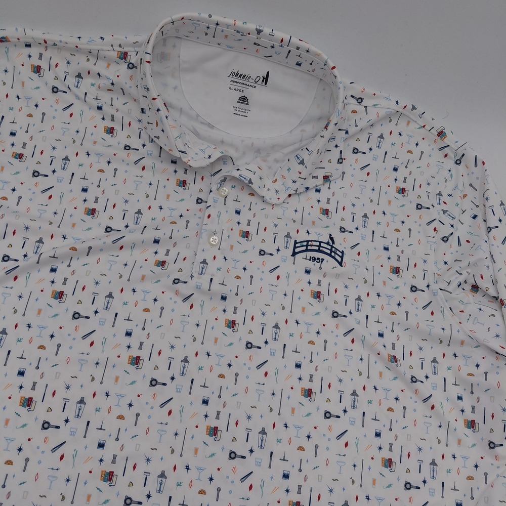 Johnnie O Performance Jersey Polo Mens XL Bar Cart White Golf UPF 50 Sun Sport